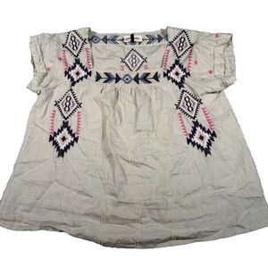 Driftwood Brooke Linen Embroidered Peasant Top Womens Large Western Aztec Boho